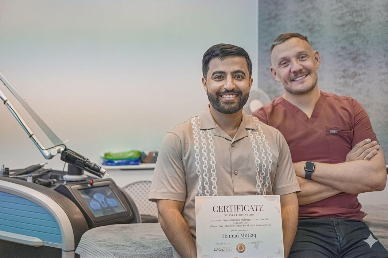 Aeluris Academy graduate Hamad Mutlaq with lead faculty Jarek Otrębski, holding his Advanced Pigmentation & Melasma Mastery certificate